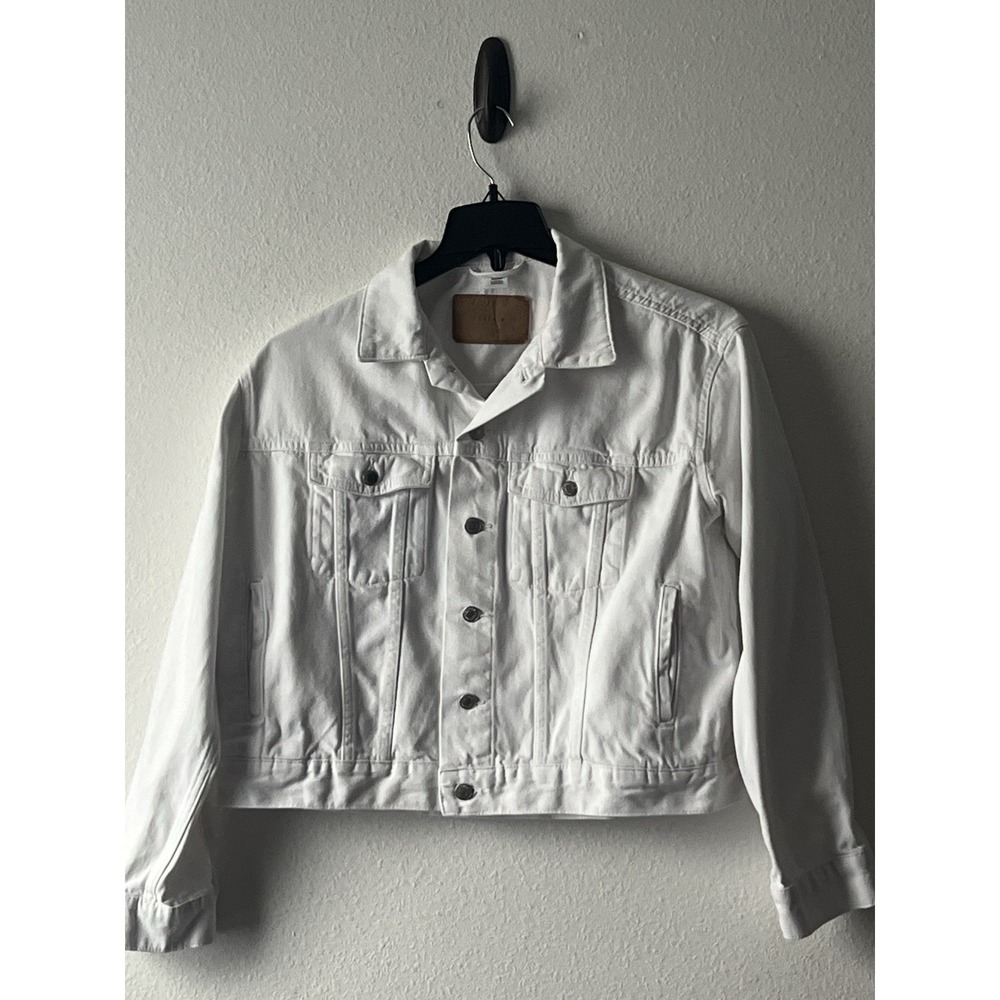 Women's &Denim White Single Breasted Long Sleeve Flap Pocket Denim Jacket Size L